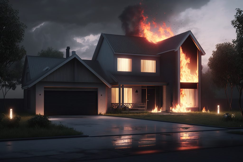 House or fire and Burning down, Home insurance concept. Generati